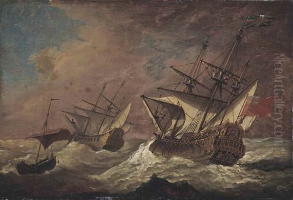 The English Ship Resolution In A Gale With Another Ship Ahead, And A Small Fishing Boat In The Foreground - view 1