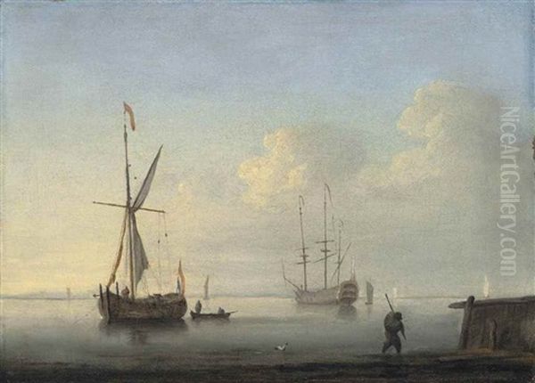 A Coastal Landscape With A Dutch Galjoot At Anchor And A Man-of-war In A Calm - view 1