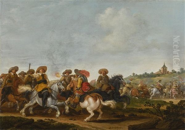 A Cavalry Battle In A Landscape, A Church Beyond - view 1