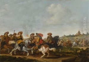 A Cavalry Battle In A Landscape, A Church Beyond A Cavalry Battle In A Landscape, A Church Beyond