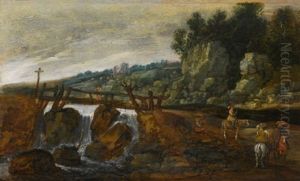 Rolling Landscape With Cavaliers Near A Bridge Over A Waterfall by Esaias van de Velde the Elder