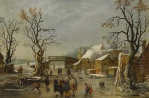 A Winter Scene With Figures Skating by Esaias van de Velde the Elder