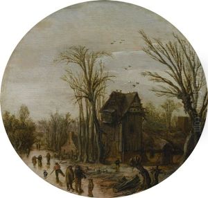 Village Landscape With A Dovecote And Ice Skaters On A Frozen Canal