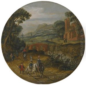 A River Landscape With Elegantly-dressed Figures On Horseback In The Foreground, Monks And A Shepherd With His Flock Beyond by Esaias van de Velde the Elder
