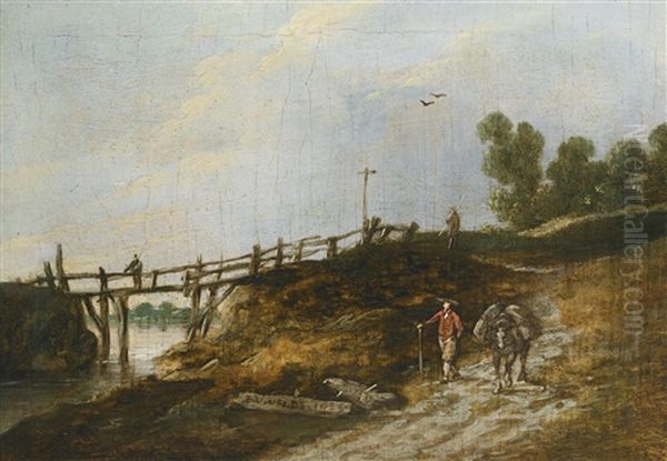 A Traveller And His Pack Horse Walking Along A Sandy Path Beside A Stream, A Rickety Wooden Bridge In The Distance With A Second Figure Standing Near A Wooden Crucifix - view 1