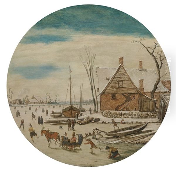 Winter Landscape With Skaters And A Farm House - view 1