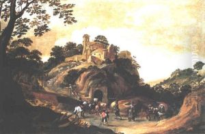 Shepherds And Other Travellers Walking Up To A Village On A Hill by Jan van de Velde the Elder