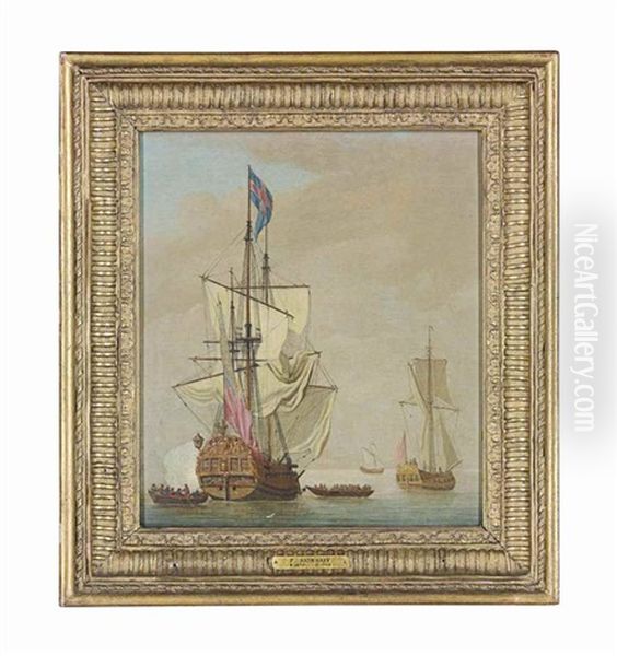 An English Sixth-rate Ship Firing A Salute As A Ship's Barge Leaves Her, Other Shipping Beyond - view 1