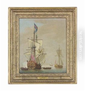 An English Sixth-rate Ship Firing A Salute As A Ship's Barge Leaves Her, Other Shipping Beyond