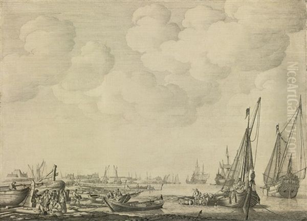 Dutch Harbor In A Calm With Small Vessels Inshore And Beached Among Fishermen, A Kaag At Anchor, A States Yacht And Men O'war Offshore: A "penschilderij" - view 1