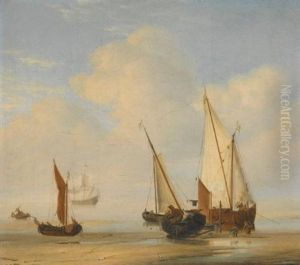 A Smalschip With Sail Set At Anchor Close To The Shore And A Boeier Laid Ashore by Willem van de, the Elder Velde