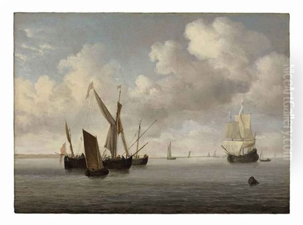 A Galjoot And A Smalschip At Anchor Approached By A Small Kaag, A Flute Under Sail And Other Vessels Beyond - view 1