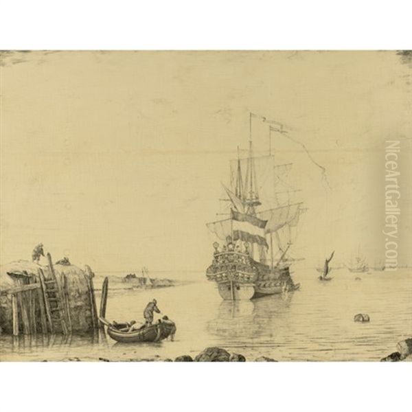 Zeeland Man-of-war In A Calm Of A Jetty, A Rowing Boat In The Foreground - view 1