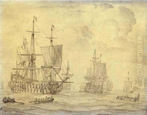 A Dutch Fleet In A Calm With Barges In The Foreground - view 1