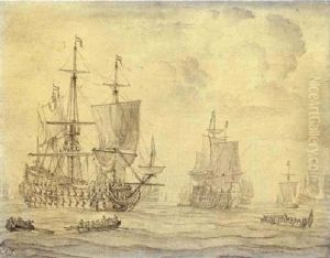 A Dutch Fleet In A Calm With Barges In The Foreground by Willem van de, the Elder Velde