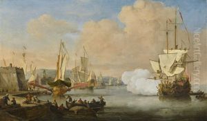 An English Ship Firing A Gun And Coming To Anchor Off A European Mediterranean Fortification by Willem van de Velde the Younger