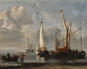 Small Dutch Vessels In A Light Breeze Anchored Off A Beach by Willem van de Velde the Younger