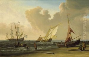 A Fishing Pink Hauled Up On The Beach In A Fresh Breeze On The Dutch Coast by Willem van de Velde the Younger