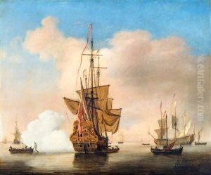 A Small English Merchant Ship At Anchor Firing A Gun
