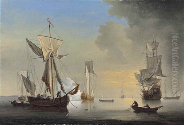 An English Galliot At Anchor With Fishermen Laying A Net - view 1