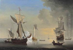 An English Galliot At Anchor With Fishermen Laying A Net