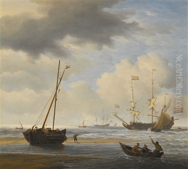 A Kaag Aground At Low Water In A Fresh Breeze, A Frigate Setting Sail Beyond - view 1