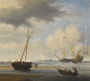 A Kaag Aground At Low Water In A Fresh Breeze, A Frigate Setting Sail Beyond by Willem van de Velde the Younger