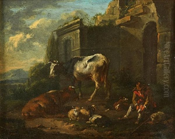 Coppia Die Paesaggi Con Rovine, Armenti E Pastori - view 1