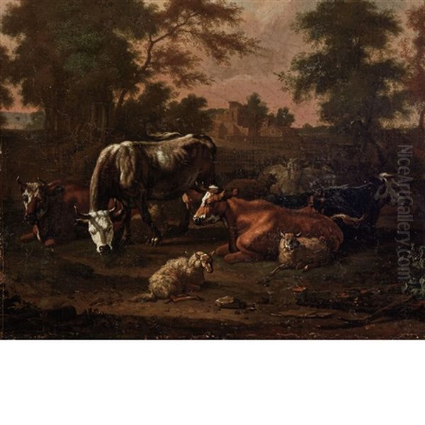 Cows And Sheep In A Landscape, A Village In The Distance - view 1