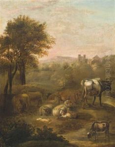 A Landscape With Cattle And Sheep, A Village Beyond by Adriaen Van De Velde