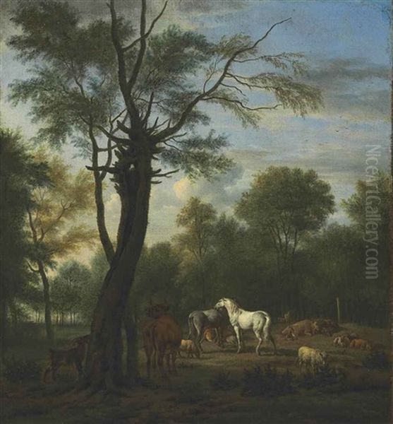 Two Horses, Cows, Sheep And Goats In A Woodland Clearing - view 1