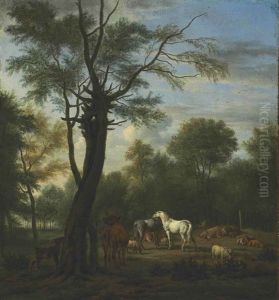 Two Horses, Cows, Sheep And Goats In A Woodland Clearing by Adriaen Van De Velde