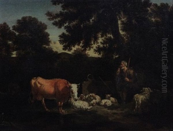Shepherd With Sheep And Cows - view 1