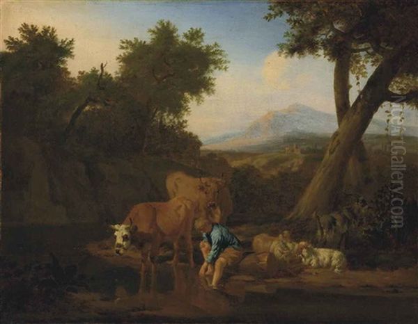 A Wooded, River Landscape With Cattle Watering And A Shepherd Resting, Mountains Beyond - view 1