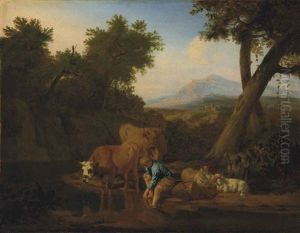 A Wooded, River Landscape With Cattle Watering And A Shepherd Resting, Mountains Beyond by Adriaen Van De Velde