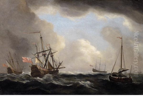 English Men-o'war Riding Out The Gale Under Staysails Only, With A Hooker Nearby - view 1