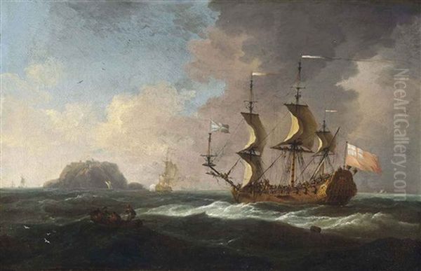 An English Frigate Heaving-to As She Approaches An Island - view 1