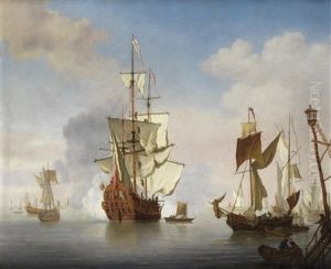 An English Ship At Anchor Near The Shore With Sails Loosened Firing A Salute, With Attendant Vessels In A Calm Sea by Cornelis van de Velde