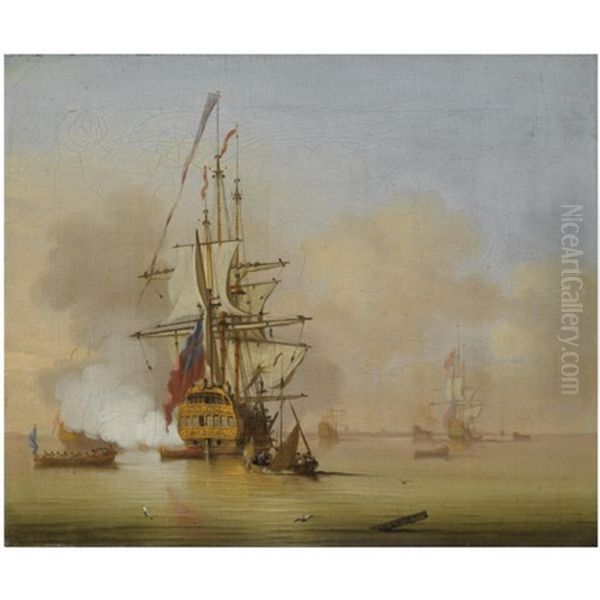 A Small English Man-o'war Firing A Salute With Small Boats Nearby - view 1