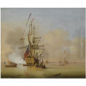 A Small English Man-o'war Firing A Salute With Small Boats Nearby
