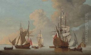 The Flagship "royal Sovereign" Firing A Salute At The Nore With Other Warships And Admiralty Yachts In Attendance by Cornelis van de Velde