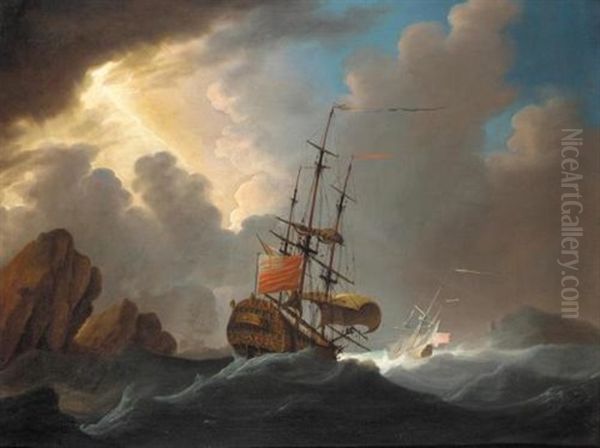 An English Man-of-war In Three Positions Negotiating A Channel In Heavy Seas - view 1