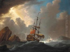An English Man-of-war In Three Positions Negotiating A Channel In Heavy Seas by Cornelis van de Velde