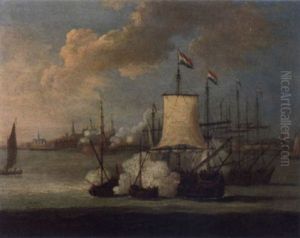 A Bombardment Of Dutch Men-o'-war In The Scheldt, The City Of Antwerp Beyond by Cornelis van de Velde