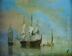 An English Naval Two-decker, With A Hoy Alongside Possibly Delivering Supplies, And Yachts In A Calm by Cornelis van de Velde