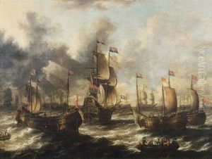 Navires Et Bateaux De Pecheurs En Pleine Mer; Navires Pres Des Cotes (pair) by Peter van den Velde
