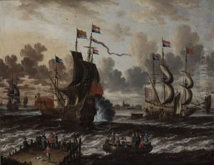 Ships In Front Of The Harbour Of Hoorn: A Meeting Between The Dutch Man-of-war 'de Roode Leeuw" And A Spanish Galley, And Figures In A Rowing Boat And On A Quay In The Foreground by Peter van den Velde