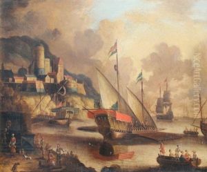 Galley's And Other Ships At Anchor In A Natural Harbor Near A Fortified Town