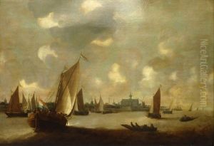 Marine, Bateaux Devant Une Ville by Peter van den Velde