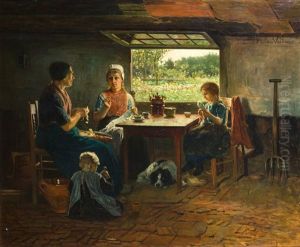 Binnenhuis Met Moeder, Haar Meisjes En De Hond by Paulus Petrus van der Velden